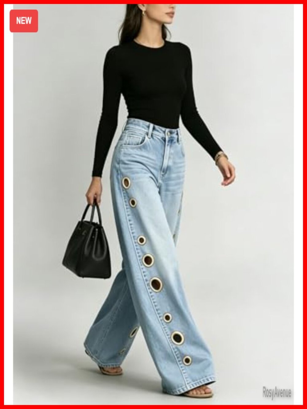 High Waisted Wide Leg Grommet Eyelet Cut Out Jeans Y2K Streetwear - Picture 4 of 6